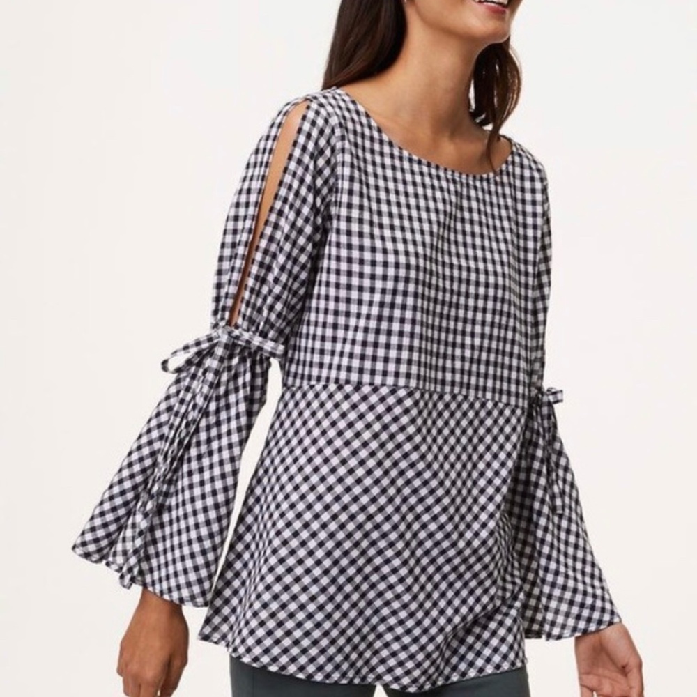 LOFT Gingham Bell Sleeve Shirt | Size‎ SP | Black & White | Long Sleeve Petite